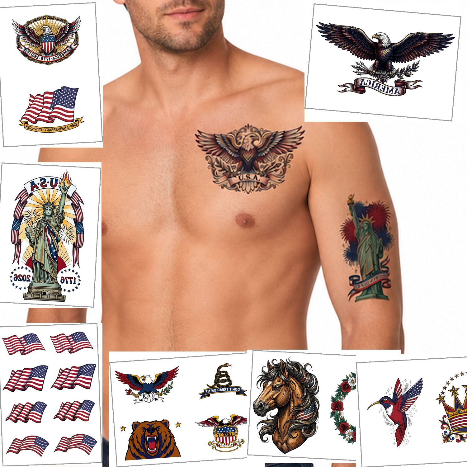 30-Sheet 250th Anniversary Patriotic Tattoo & Face Sticker Pack 10
