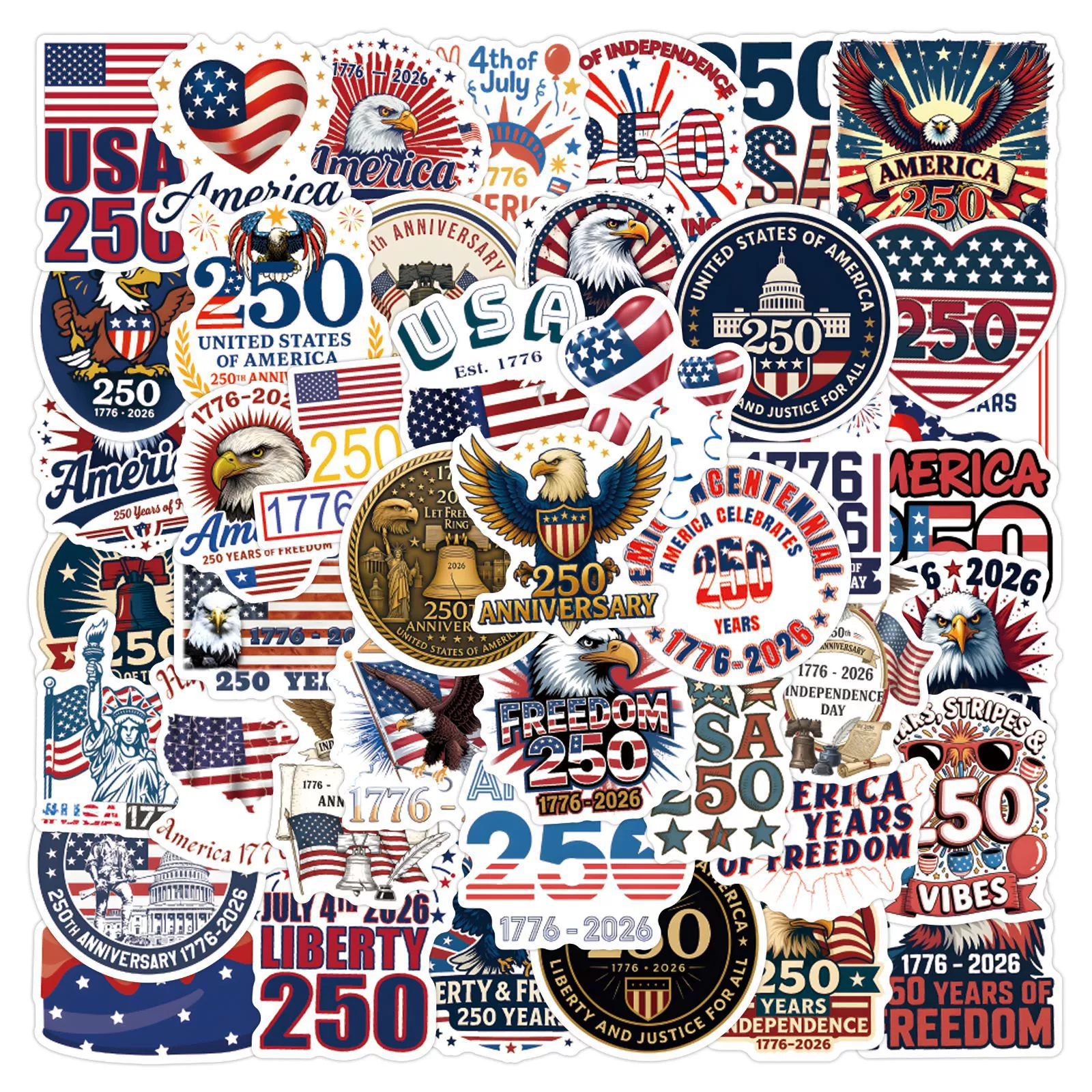 250th Anniversary Sticker Pack Bulk β 110 Patriotic Vinyl Decals, 1776-2026 America Waterproof Stickers Wholesale