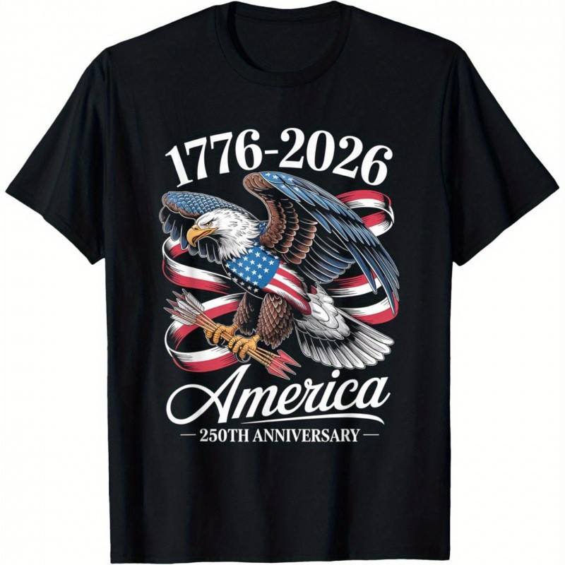 1776-2026 America 250th Anniversary Eagle Flag T-Shirt, 100% Cotton Patriotic Unisex Short Sleeve Bulk Wholesale, Black, Sizes S-3XL