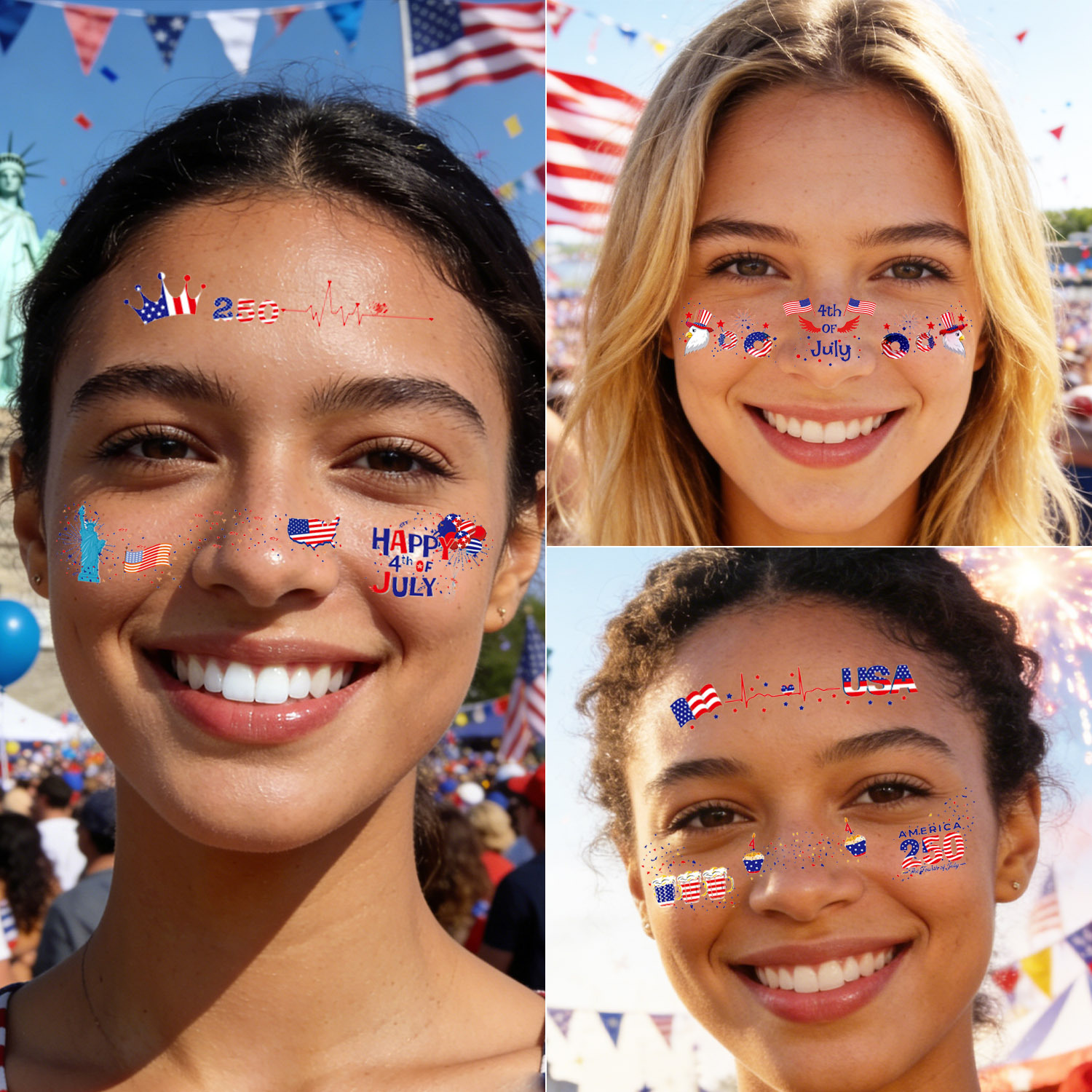 Patriotic 250th Anniversary Face Makeup Tattoo Stickers Bulk Wholesale - Independence Day Temporary Body Art for July 4th Parties, Parades and Celebrations
