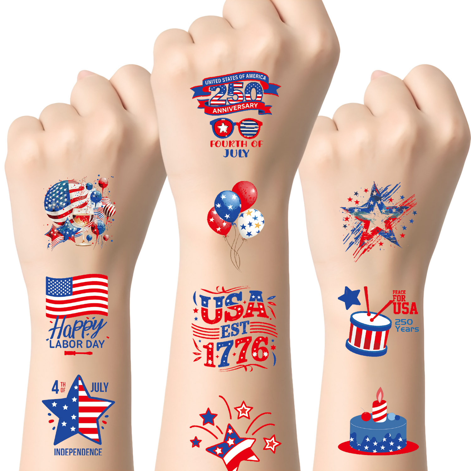 250th Anniversary Patriotic Temporary Tattoos Bulk β 25-Pack USA Flag Eagle Face & Body Stickers, 1776-2026 Independence Day Party Favors, America 250 Wholesale