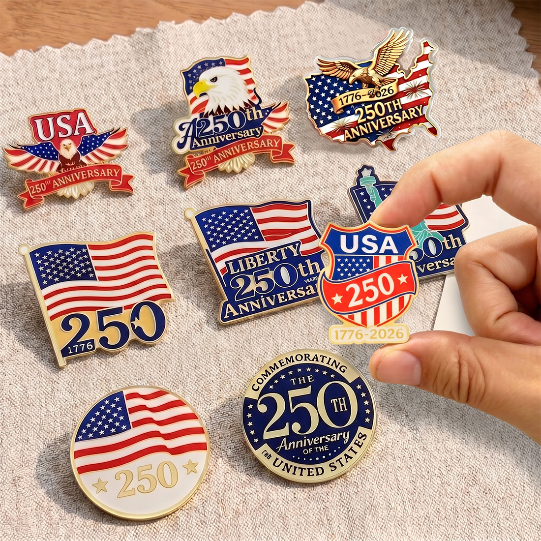 Patriotic USA 250th Anniversary Acrylic Brooch Pin Bulk Wholesale - 1776-2026 Independence Day Commemorative Badge, Hat Bag Clothing Accessory (8 Designs)