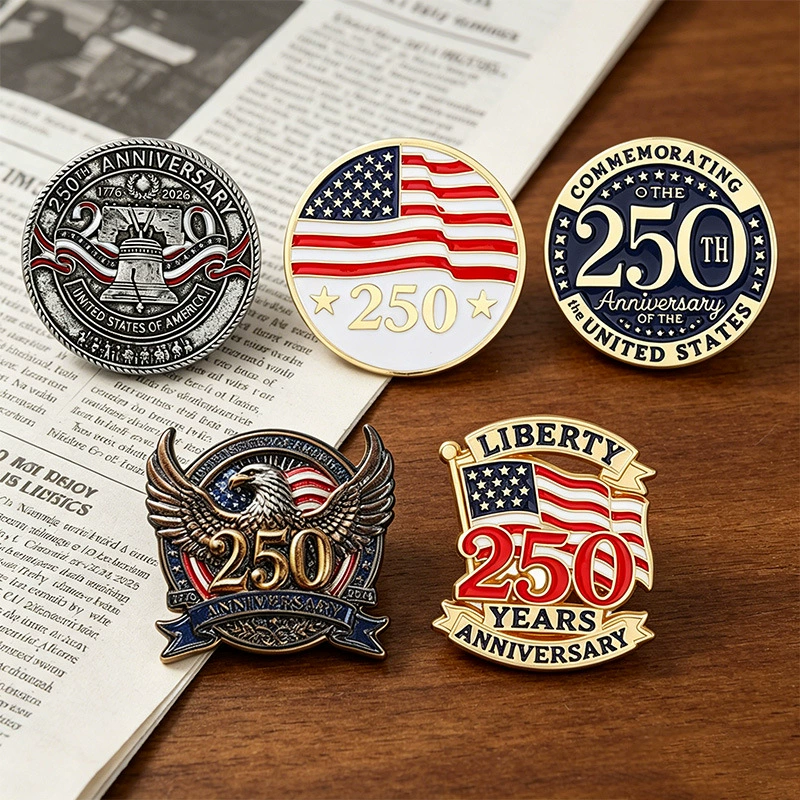 USA 250th Anniversary Patriotic Brooch Pin Collection, 7 American Independence Day Enamel Designs for Bulk Wholesale - Round Flag, Liberty Bell, Statue of Liberty, Eagle Owl, Stars & Stripes
