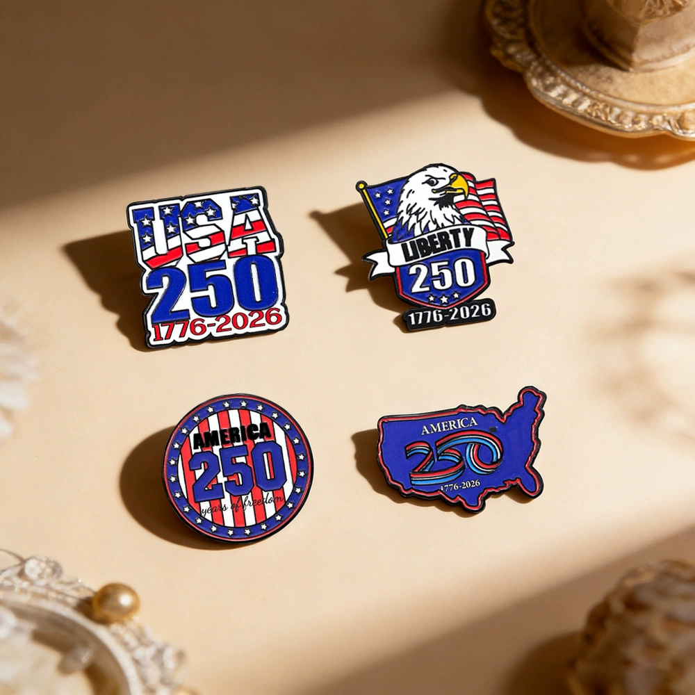 USA 250th Anniversary Enamel Pin Brooch Set, Zinc Alloy Patriotic Lapel Badge with 1776-2026, Independence Day Commemorative Jewelry for Bags and Clothing, Bulk Wholesale Pack of 4 Designs