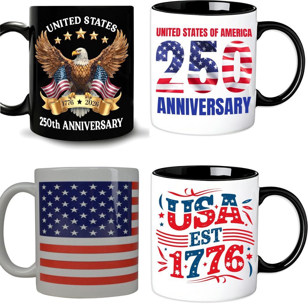 Patriotic USA 250th Anniversary 11oz Ceramic Handle Mug, Heat-Transfer Printed American Flag Eagle Coffee Cup for Independence Day, Bulk Wholesale