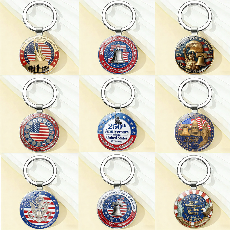 USA 250th Anniversary Commemorative Keychain Souvenir Zinc Alloy Patriotic White House Liberty Bell Statue of Liberty Flag Pendant Bulk Wholesale Party Favors Event Supplies 1776-2026