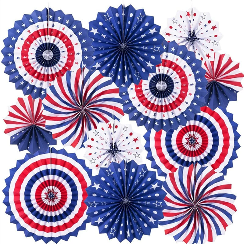 Patriotic USA 250th Anniversary Paper Fan Decorations Bulk Wholesale - Red White Blue Star Folding Fan Set for Independence Day Party Events (1776-2026)