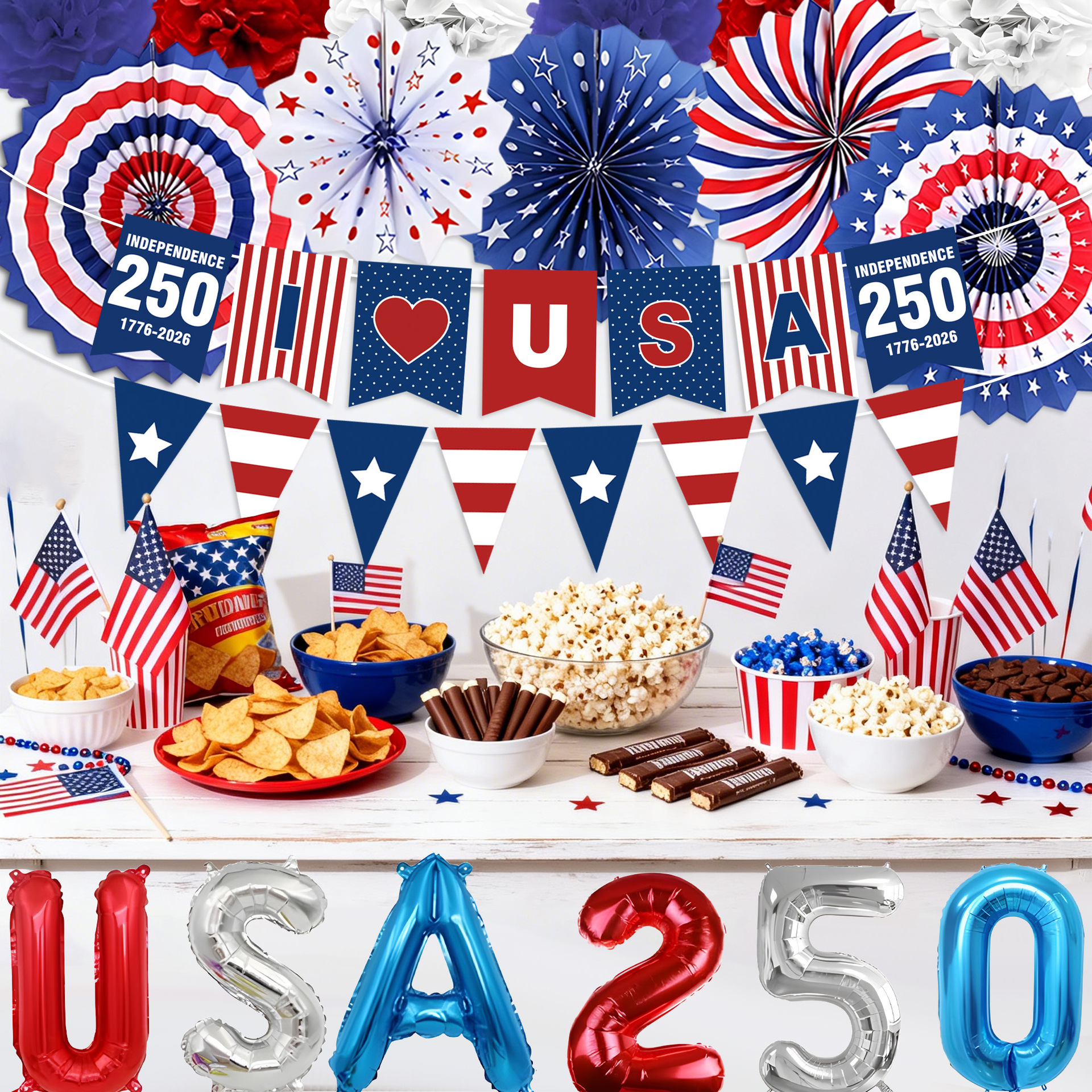 USA 250th Anniversary Independence Day Party Decoration Set - Paper Glasses, Masks and Face Stickers Bulk Wholesale for July 4th Celebration, Patriotic Red White Blue Photo Booth Props