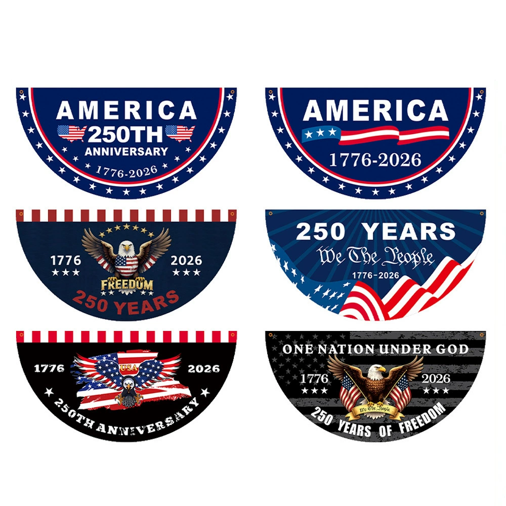 USA 250th Anniversary Semi-Circle Bunting Flag, 45x90cm Polyester Patriotic Half-Round Banner for Independence Day Outdoor Garden Decorating, 1776-2026 America Celebration Bulk Wholesale Party Supplies