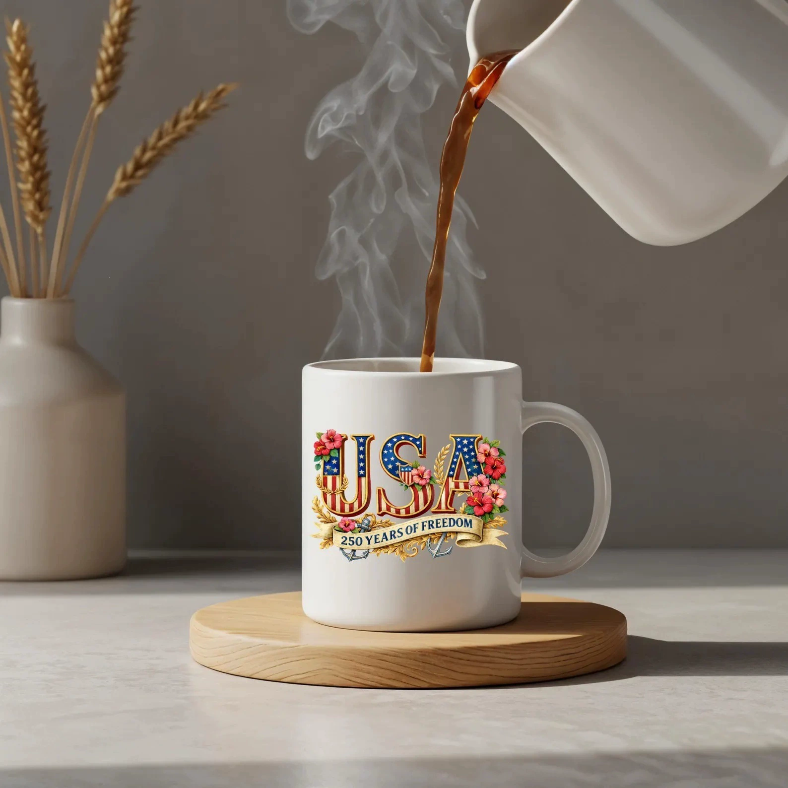 USA 250th Anniversary Floral Flag Ceramic Mug 330ml, Patriotic Independence Day Coffee Cup Bulk Wholesale, 8 Designs, 1776-2026 Commemorative Drinkware Gift
